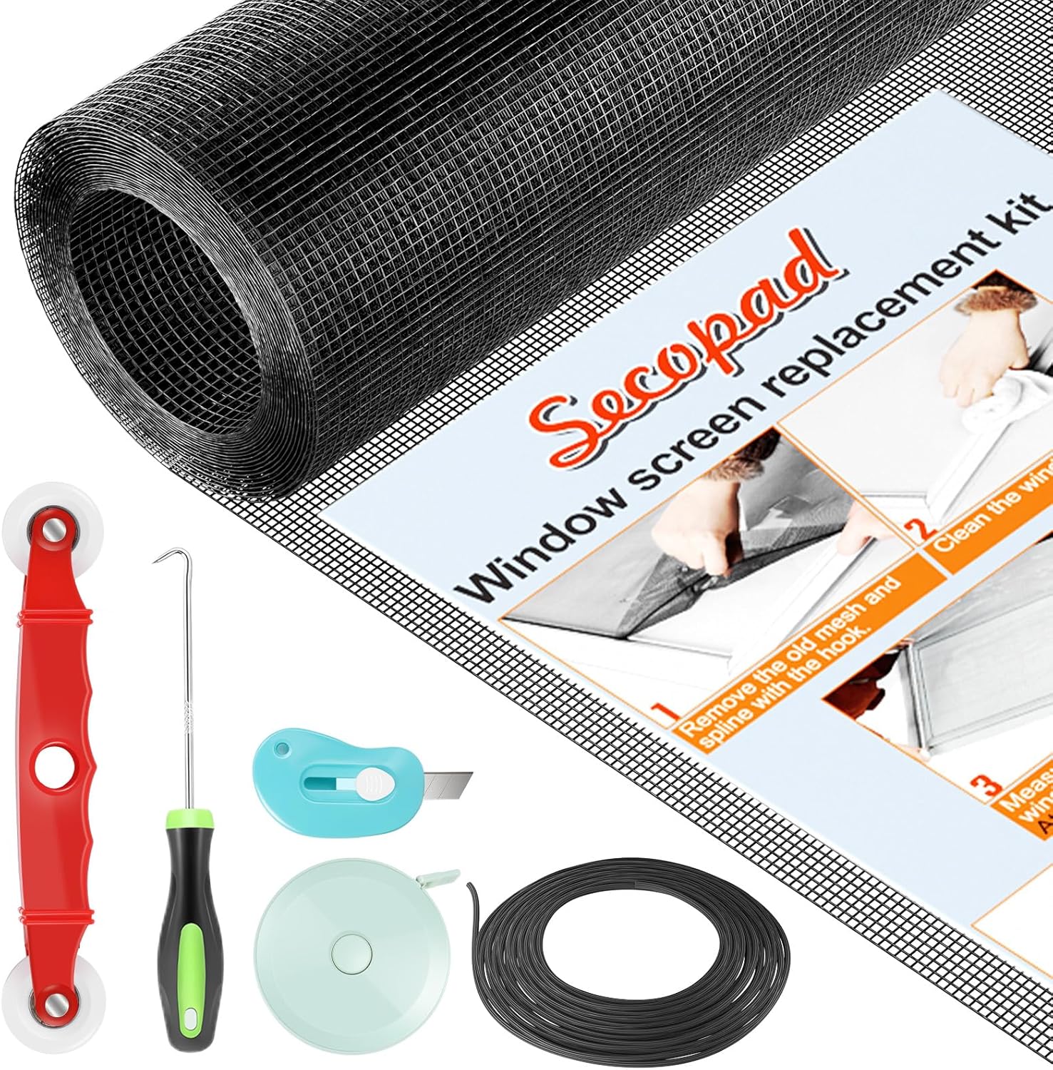 Window Screens Replacement Repair Kit, Black Screen Door Mesh Replacement Kit, Durable Fiberglass Mesh Roll with Tools for Windows Doors Patio and Porch, 39in x 118in