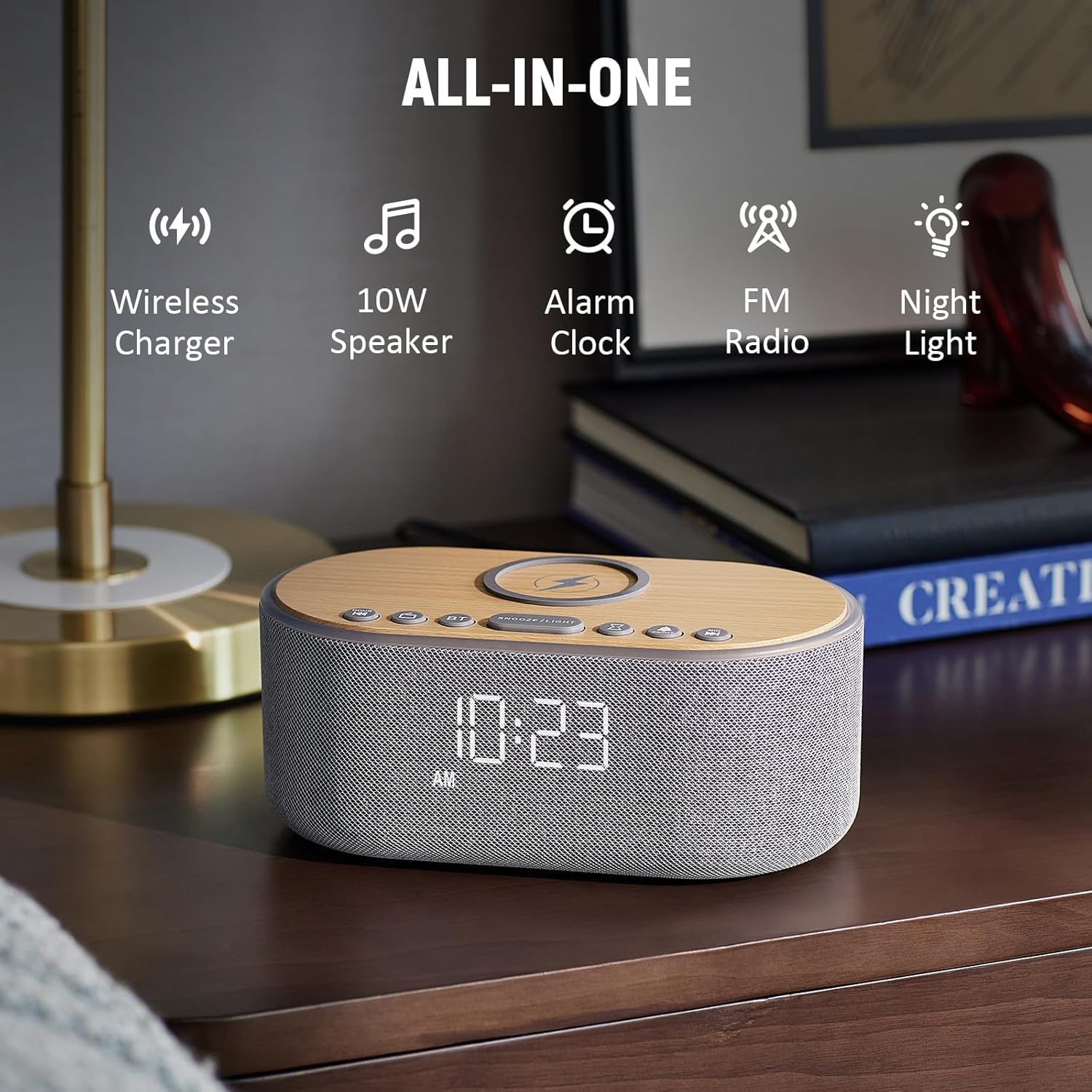 uscce Alarm Clock Bluetooth FM Radio: 10W Stereo Sound Speaker - Fast Wireless Charging for iPhone Samsung - Dimmable Clock Radio for Bedroom