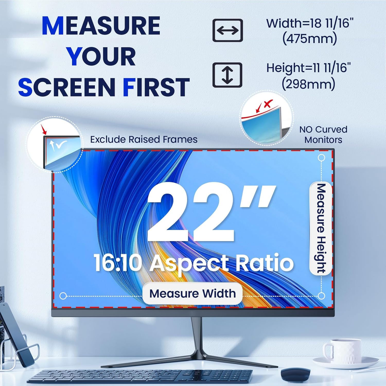 Magnetic 22 Inch Privacy Screen for Frameless Computer Monitor 16:10 Aspect Ratio,Hanging Blue Light Screen Protector Eye Protection Anti-Spy Shield, 22in Removable Privacy Filter