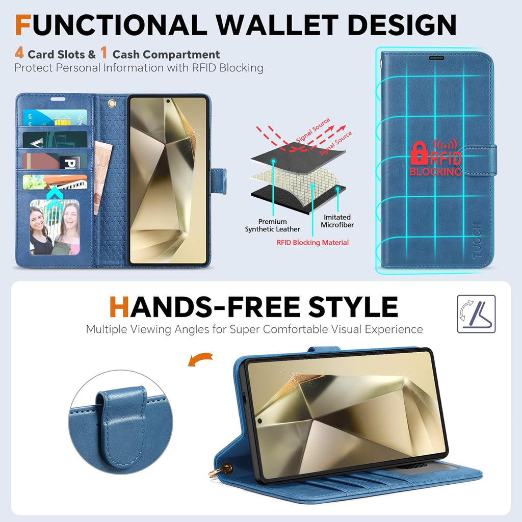 TUCCH Case Wallet for Galaxy S25 Ultra, Removable [Wireless Charging] Wrist Strap PU Leather Magnetic Stand RFID Blocking 4 Card Slots Detachable Protective Folio for Galaxy S25 Ultra 6.9", Light Blue