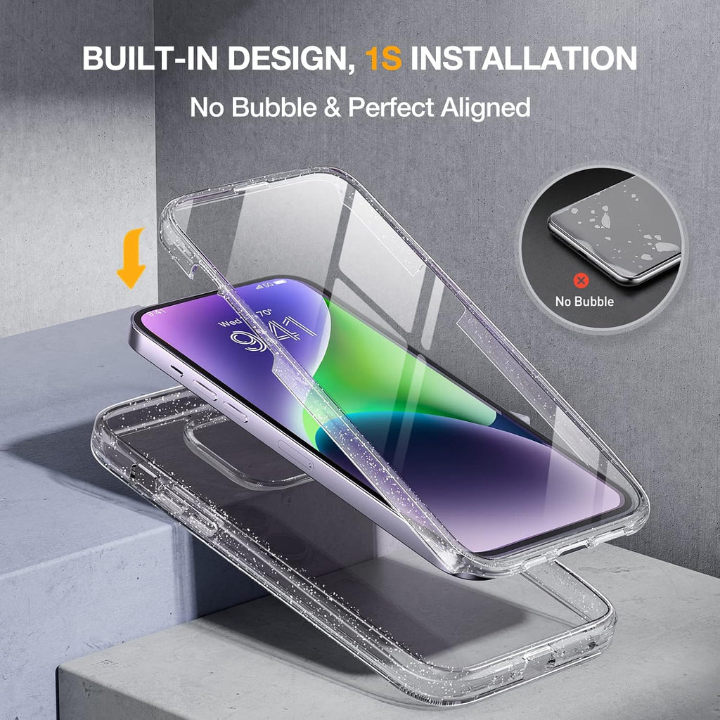 Miracase Designed for iPhone 14 Case 6.1 inch, [Built-in Tempered Glass Screen Protector] [Bubble Free] Full-Body Protective Bumper Phone Case with Camera Lens Protector, Clear Glitter