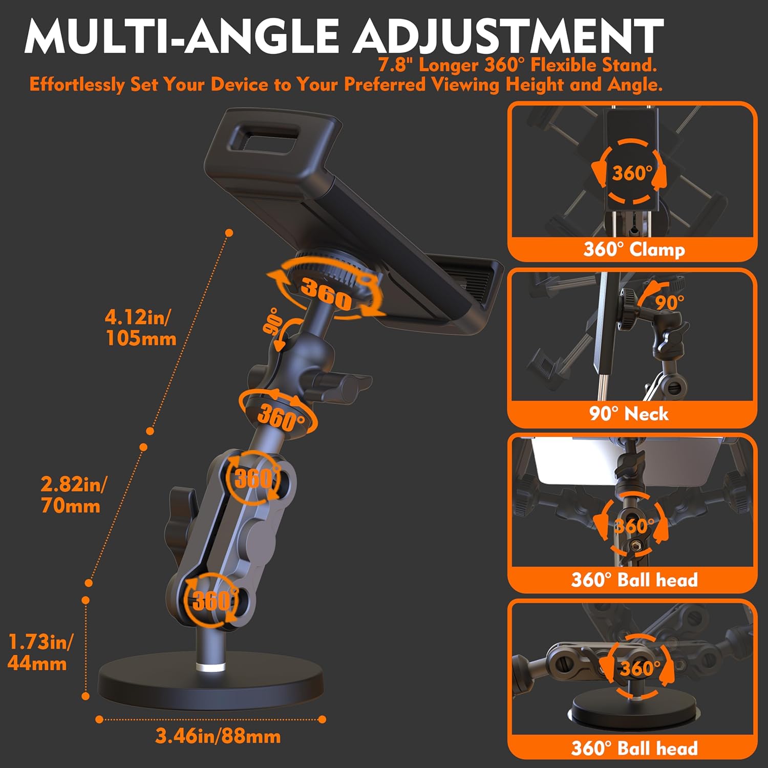 Universal Magnetic Tablet Holder 360°Adjustable 7.7" Aluminum Heavy Duty Arm 3.5" Magnetic Base for Car Dashboard, Gym, Kitchen Fits 4-13" Tablets, Phones