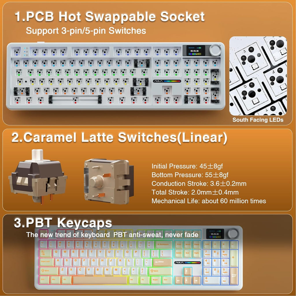 AULA F108 PRO - Wireless Mechanical Keyboard with Screen&Knob,Hot Swappable Gaming Keyboard with 8000mAh Battery,Pre-lubed Switches,RGB Backlit,PBT Keycaps Creamy Sounding Computer Keyboards,104 Keys
