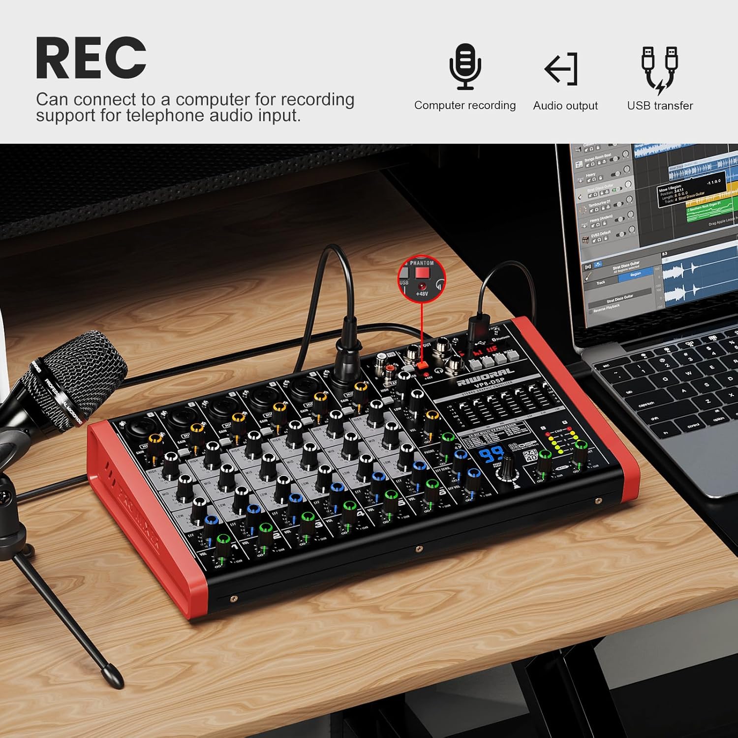 8 Channel Audio Interface Sound Board Mixing Console XLR 1/4 inch Jack USB Bluetooth Echo Delay Effect, Input 48V Phantom Power Stereo DJ Mixers for Podcasting