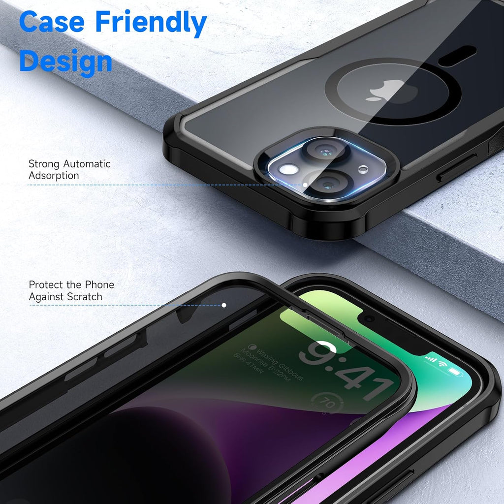 seacosmo for iPhone 14 Plus Case, Full Body Bumper with Built-in 9H Tempered Glass Privacy Screen Protector and Camera Lens Protector, Compatible with MagSafe, Shockproof Phone Cover, 6.7", Black