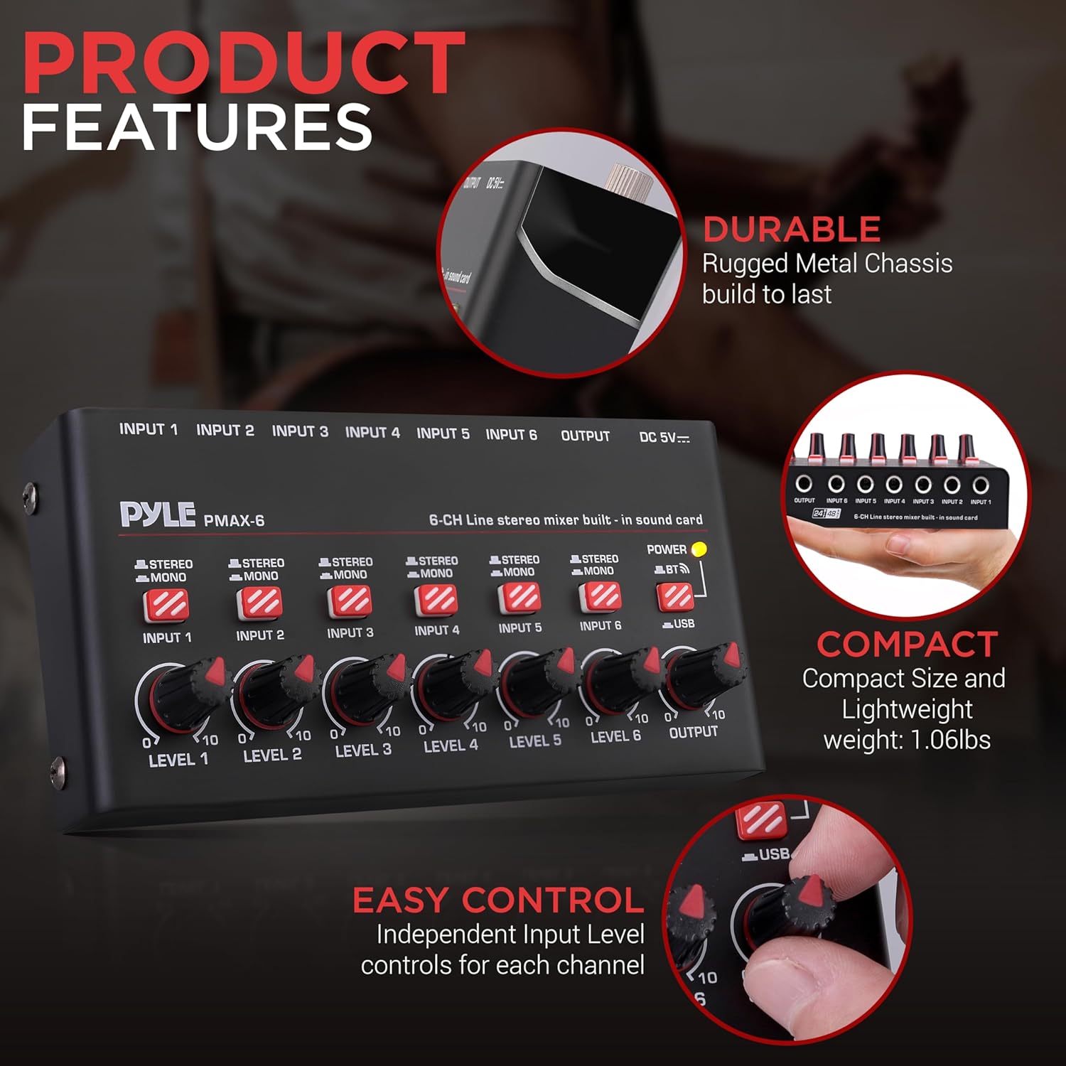 Pyle 6-Channel Wireless BT Streaming Mini Line Mixer with USB Audio Interface - 6 Mono/Stereo Switching Inputs | Ultra-low Noise Design with High Headroom | Built-in USB Sound Card - PMAX6