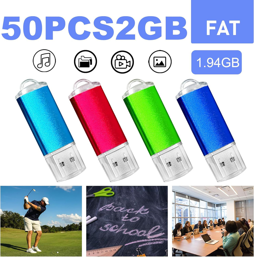 USB Thumb Drive 2GB Flash Drive 50 Pack, Nicepicten Fat Memorias USB 2.0 Flash Drive Bulk 2GB Jump Drives Multiapck Memory Stick with 50PCS Lanyards (Mixcolor 50 Pack, 2 GB)