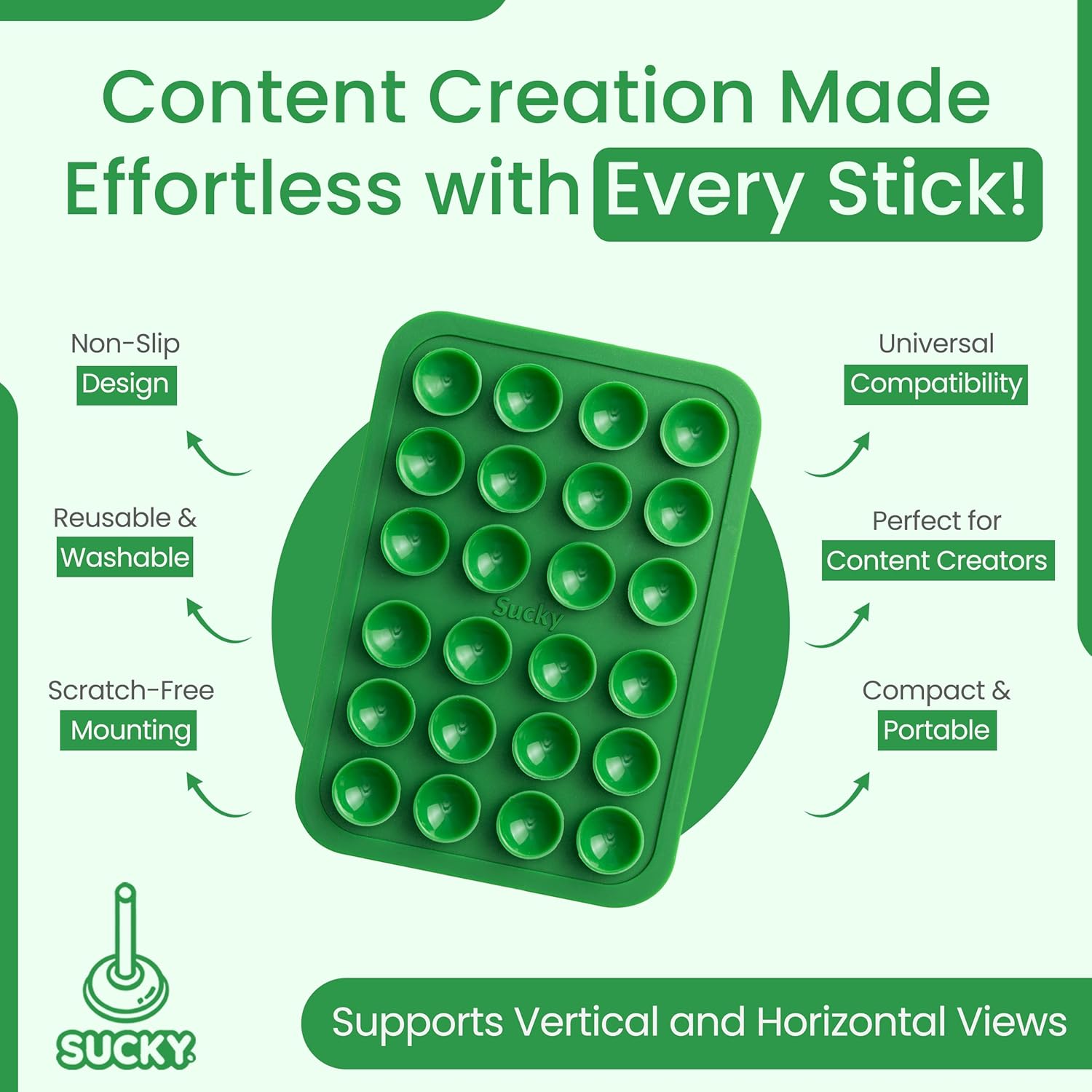 SUCKY Silicone Suction Phone Case Adhesive Mount - Anti-Slip Holder, Hands-Free Fidget Toy, Phone Accessory for iPhone and Android - Sticky Grip for Selfies, Videos, and Tiktok - Pine Green