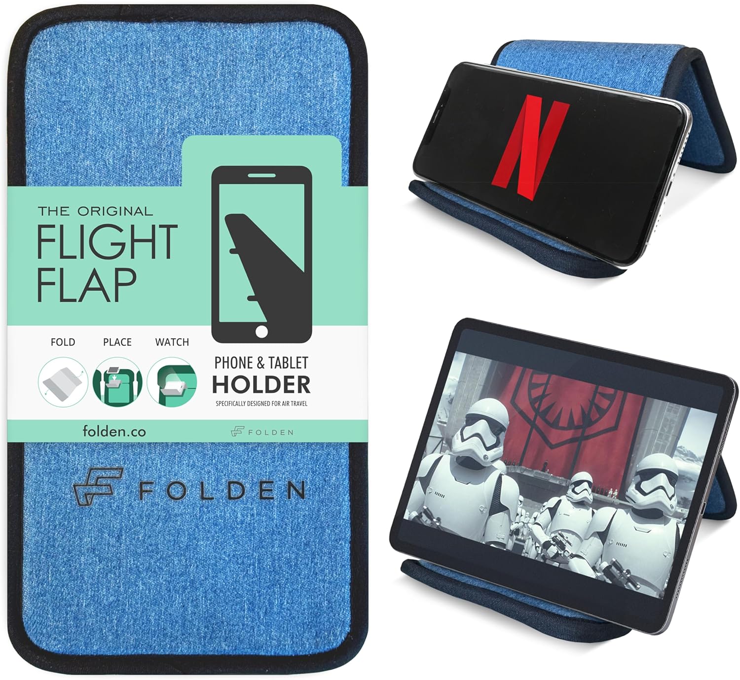 Folden Airplane Phone Holder, Foldable Cell Phone Stand Desk – Flexible Tablet Phone Holder for Bed, Desk, Office, Treadmill – Mobile Stand Phone Accessories, Plane Travel Essentials (Blue Denim)