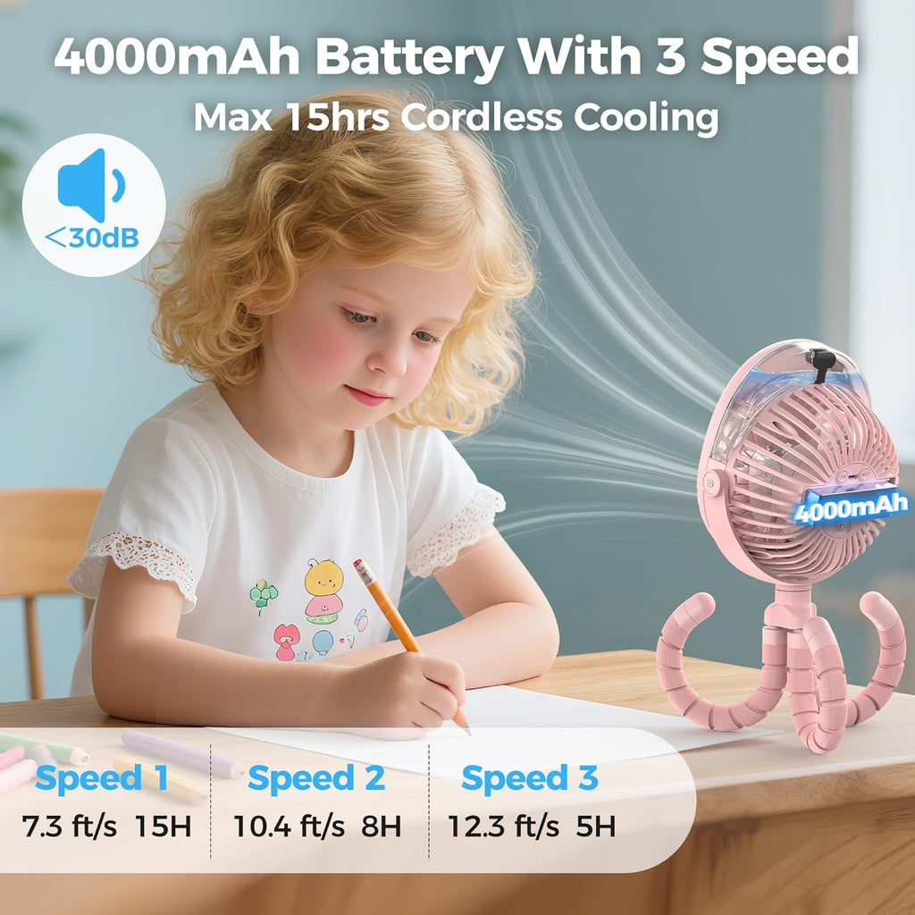 2025 Upgarded 4000mAh Misting Baby Stroller Fan, Rechargeable Battery Operated,Max 15Hrs Cooling,50ml Portable Water Sprayer Misting Fan with Flexible Tripod Clip on Car Seat Crib Treadmill Bunk Bed