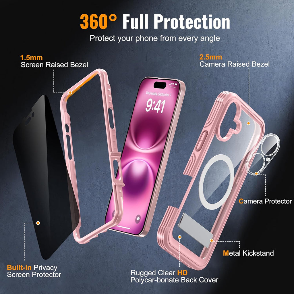 Magnetic & Stand for iPhone 16 Plus Case Built-in Privacy Screen Protector[360° Full Body Protection][Fit for Magsafe][Lens Protector] Heavy Duty Shockproof Phone Case for iPhone 16 Plus Pink