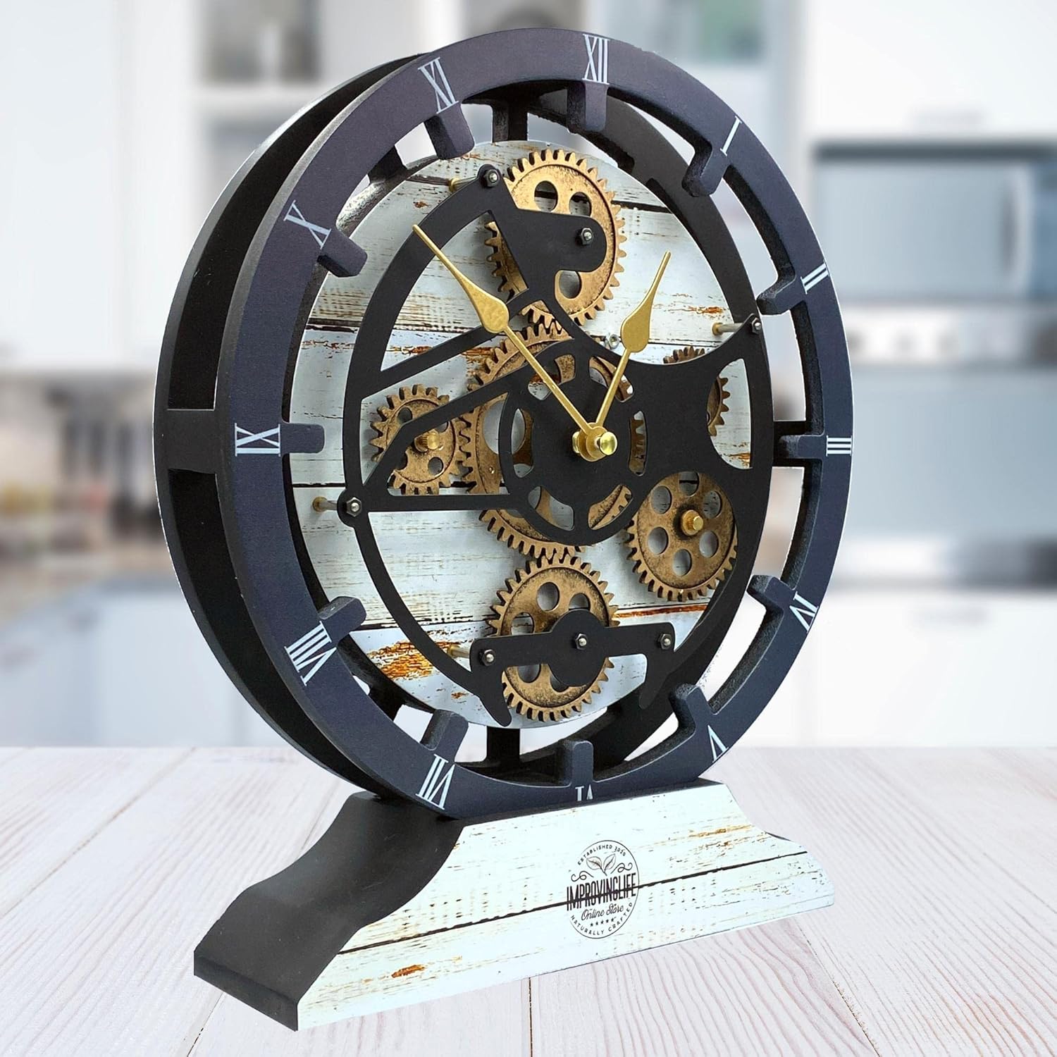 ImprovingLife The Gears Clock Desk Clock 10 inches with Real Moving Gears Convertible into Wall Clock (Desert Beige)