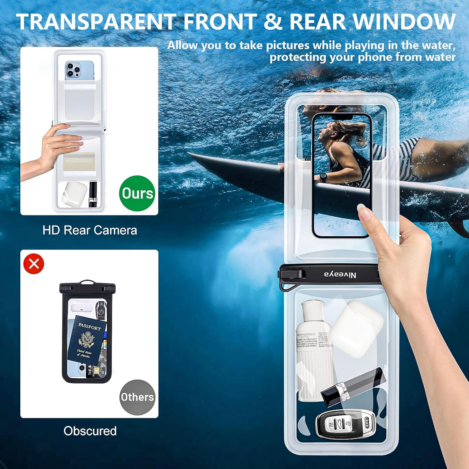 Niveaya [Up to 10.5"]Waterproof Phone Pouch - 2 Pack, Waterproof Phone Lanyard Case with iPhone 16/15/14/13/12 Pro Max up to 9.5", Phone Dry Bags for Vacation Beach Pool Kayak Cruise Travel Essentials