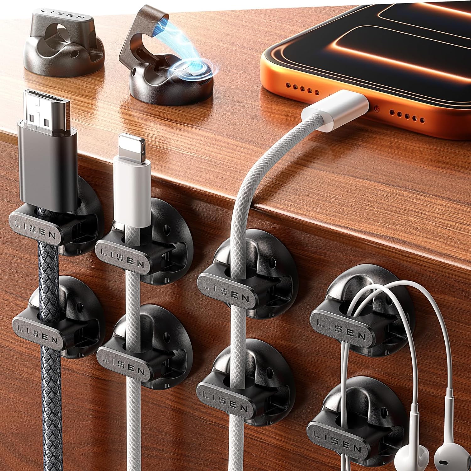 10 Pack Magnetic Cable Clips [2025 Minimum Size] LISEN Halloween Decor Christmas Decorations Indoor, Magnetic Cord Holder for Nightstand Desk, Cable Management for Home Office Organizer Dorm Wall Car