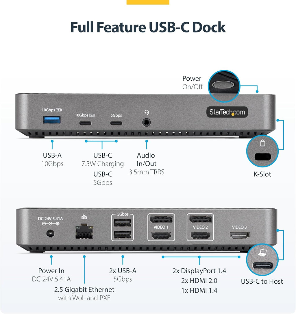 StarTech.com USB-C Triple Monitor Docking Station for MacBook Pro / Air M1 M2 M3 M4 & Windows, Universal 4K HDMI DP Dock, Thunderbolt Compatible, 100W Laptop Charging