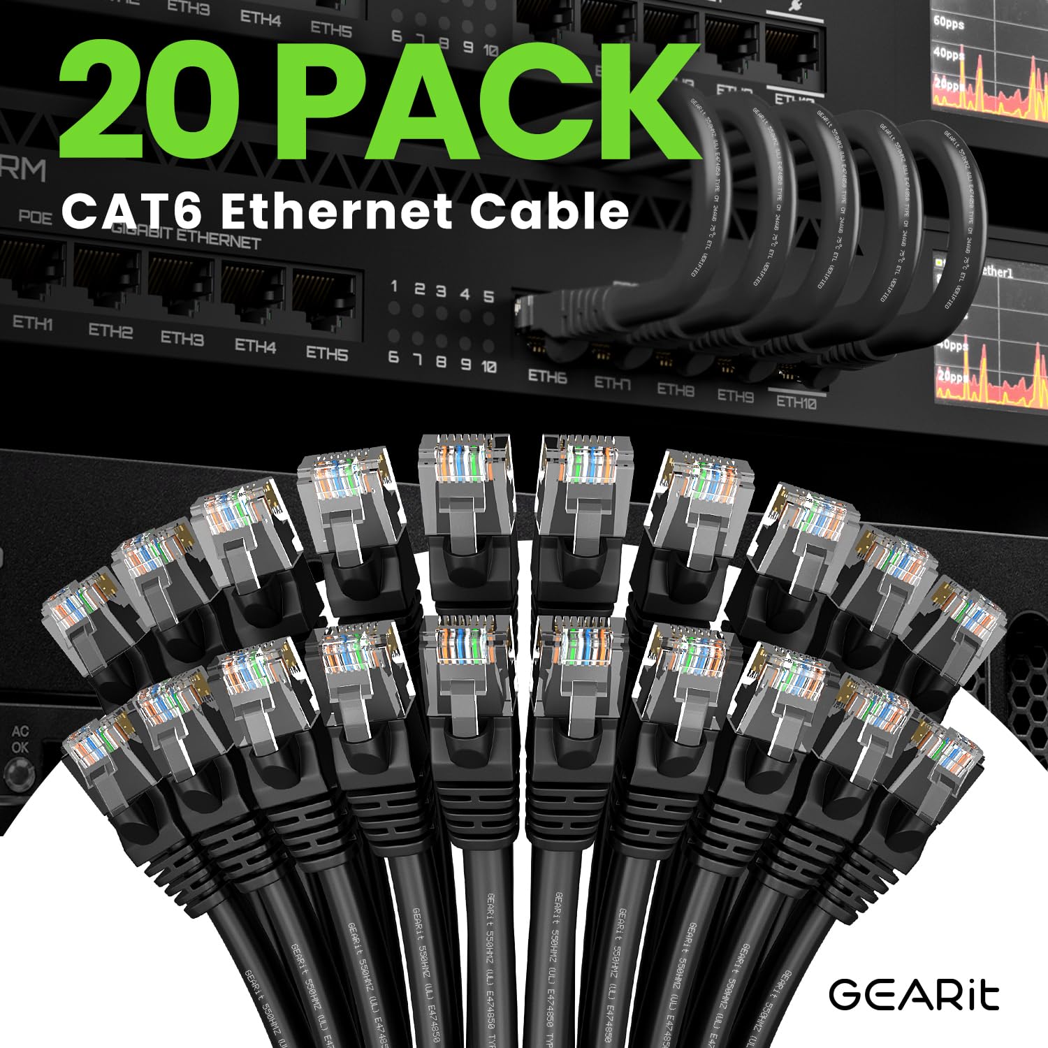 GEARit Cat 6 Ethernet Cable Pack - 20-Pack 25 ft Cat6 Ethernet Patch Cables | RJ45 Network Patch Cable, 10 Gbps Snagless Gold-Plated Connectors - Ethernet Cable Cat 6 for PC, TV, Router - Black