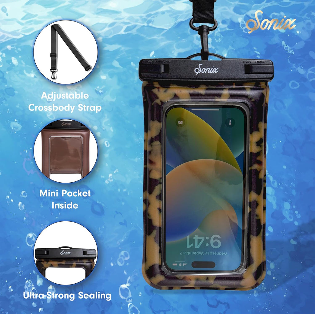 Sonix Waterproof Phone Pouch - Floating Phone Case Dry Bag w/Crossbody Lanyard - Beach Cruise Travel Essentials - Compatible w/All Devices, Touchscreen Friendly | Brown Tort
