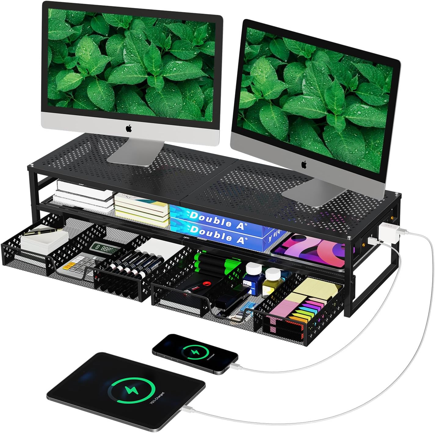 Simple Trending 2 Tier Metal Monitor Stand Riser with USB 2.0 and Charging Prot , Computer Office Desktop Organizer for 2 Monitors With Two Drawer Storage and Reusable Cable Ties,for Printer, TV, Black