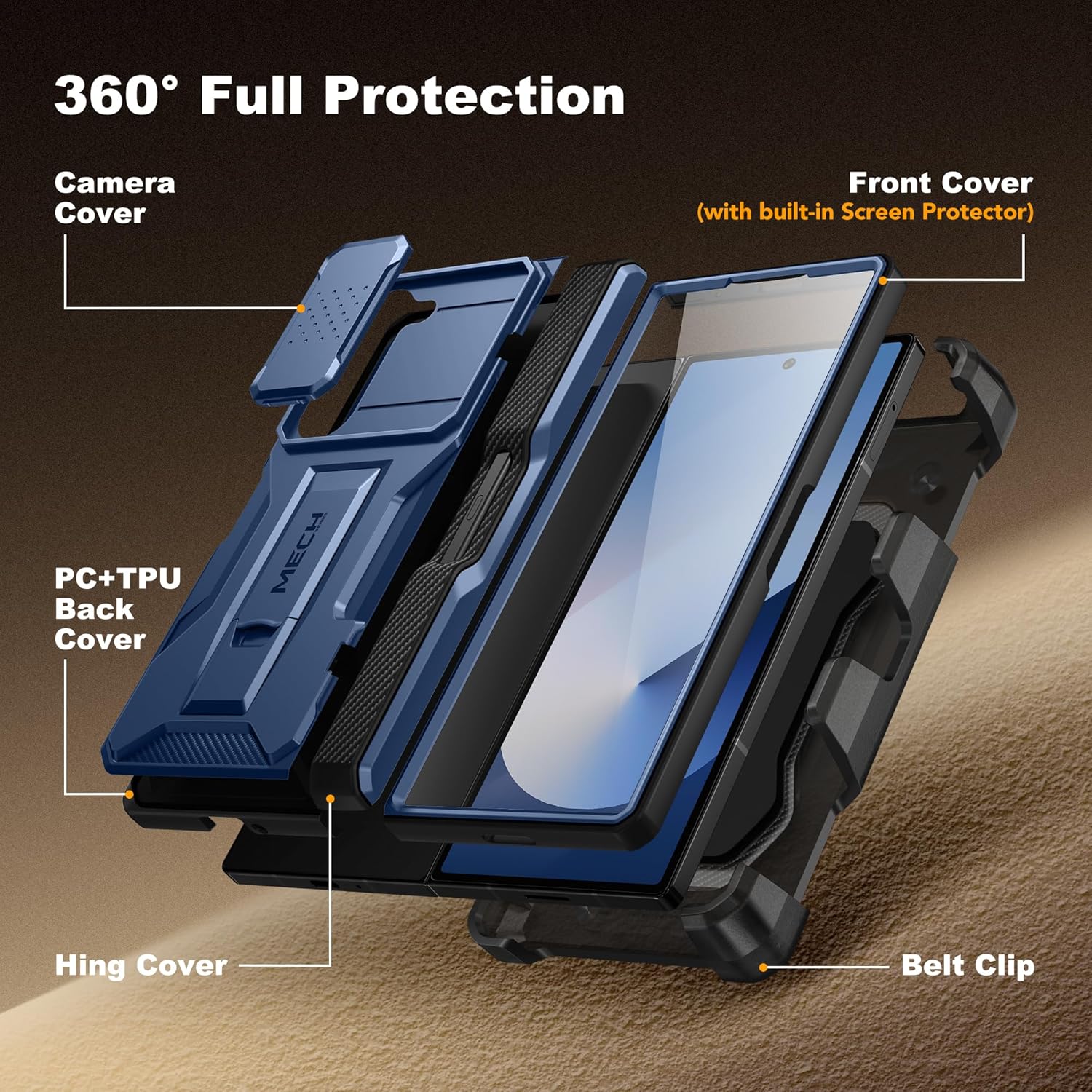 TONGATE for Z Fold 6 Case, [with S Pen Slot & Hinge Protection] [Tempered Glass Screen Protector] Full-Body Military Drop Phone Case for Samsung Galaxy Z Fold 6 with Kickstand & Belt Clip, Blue