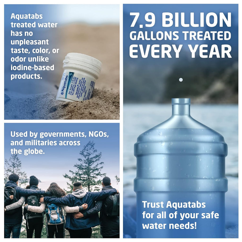 Aquatabs 397mg Water Purification Tablets (100 Pack). Water Filtration System for, Camping, Boating, Emergencies, Survival, RVs, and Marine-Use. Easy to Use Treatment and Disinfection.