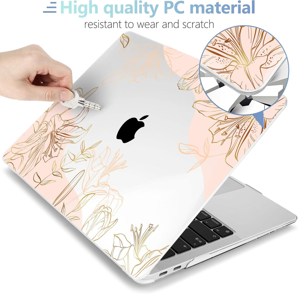 MEEgoodo Case for MacBook Pro 13 inch Case 2022 2021 2020 New A2338 M2/M1 A2251 A2289,Laptop Hard Shell Cases with Keyboard & Camera Cover Compatible with 13.3 inch MacBook Pro, Gold Flowers Lilies