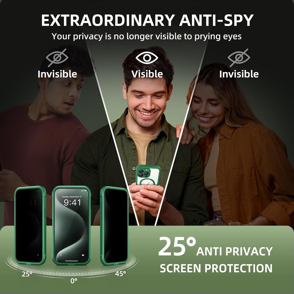 Magnetic for iPhone 15 Pro Max Case, Compatible with MagSafe, Built-in Privacy Screen Protector and Camera Protection, Anti Spy Full Body Dustproof Shockproof Hard Phone Case 6.7", Green