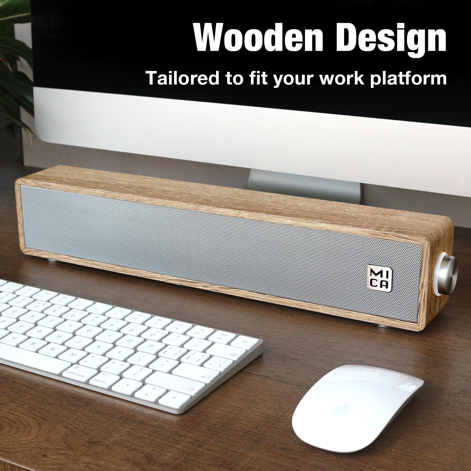 MICA Computer Speakers, Wired Computer Sound Bar, Wooden Mini Soundbar, USB Powered PC Speakers 3.5mm AUX & PC Input (Yellow)