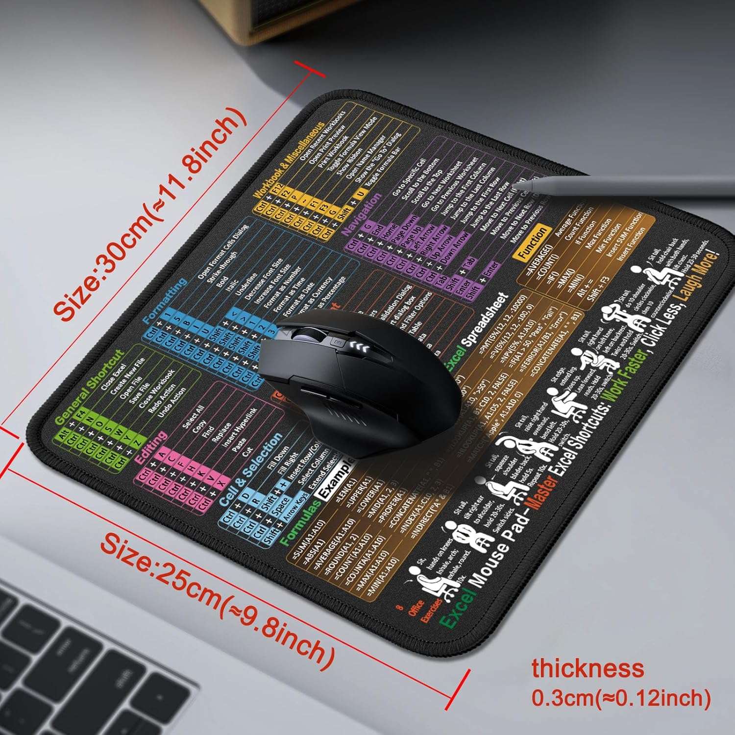 Mouse Pad for Excel Shortcuts – Small Excel Spreadsheet Cheat Sheet Desk Pad – 11.8"x9.8" Portable Computer Mousepad – Gaming, Office, Waterproof, Non-Slip, Stitched Edges