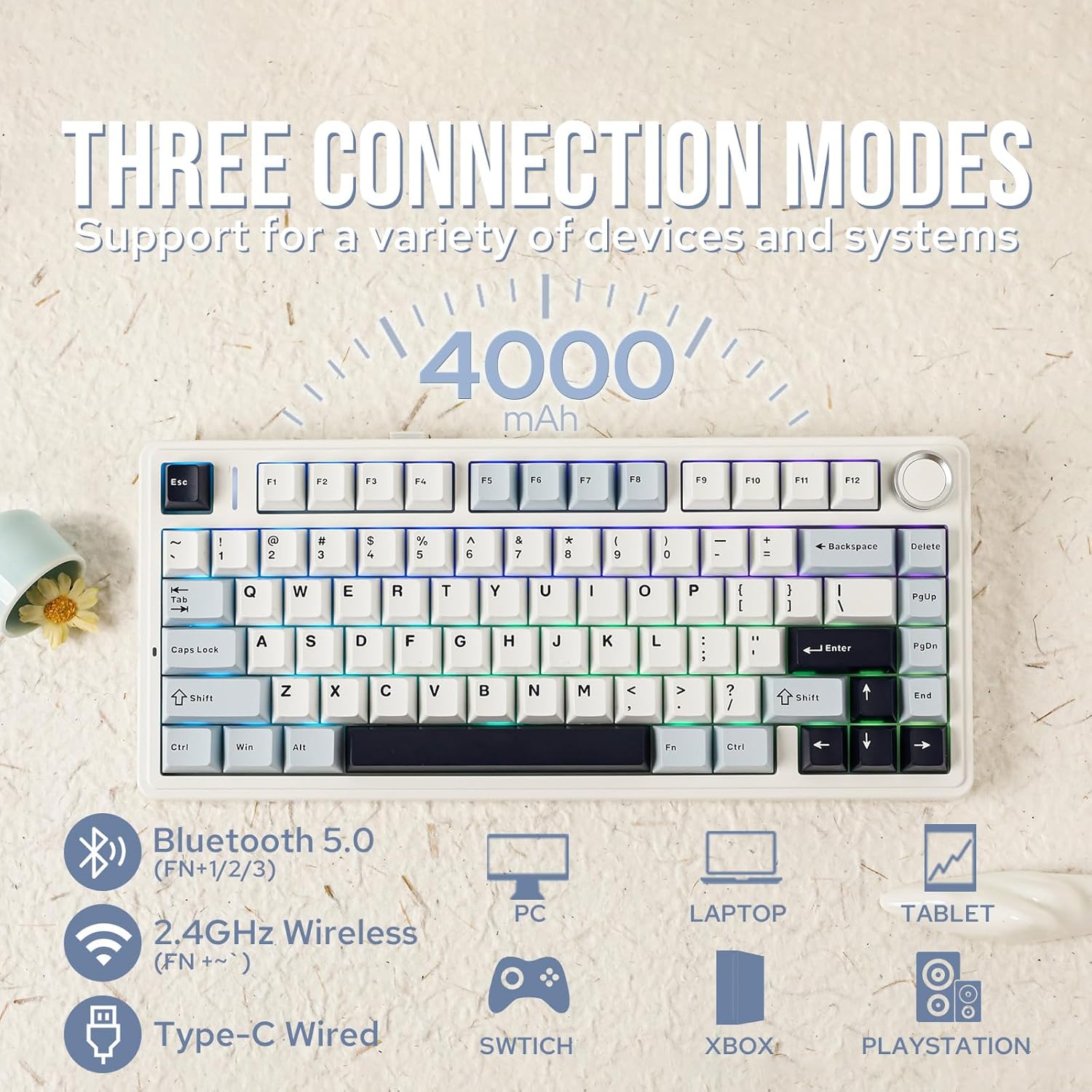 EPOMAKER x Aula F75 Gasket Mechanical Keyboard, 75% Wireless Hot Swappable Gaming Keyboard with Five-Layer Padding&Knob, Bluetooth/2.4GHz/USB-C, RGB (Light Blue, Crescent Switch)