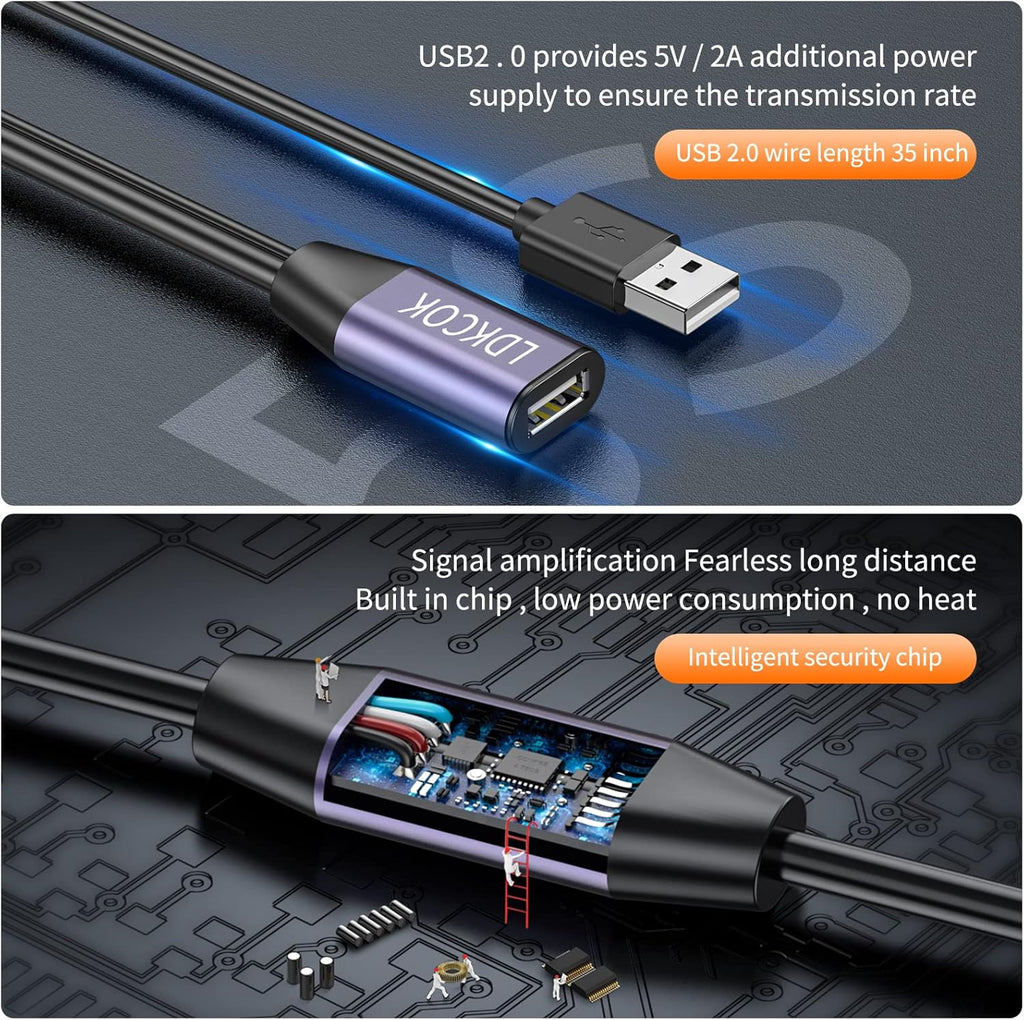 LDKCOK USB 2.0 Type A Male to A Female Active Repeater Extension Cable 30ft, High Speed 480 Mbps