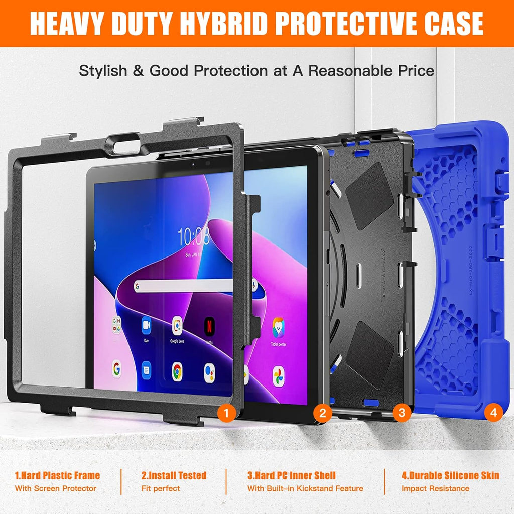 Junfire Shockproof Case for Lenovo Tab M10 3rd Gen 10.1 inch 2022, Heavy Duty Rugged Case with Hand Strap/360°Rotating Kickstand/Shoulder Belt for TB-326FU/TB-328XU,Blue