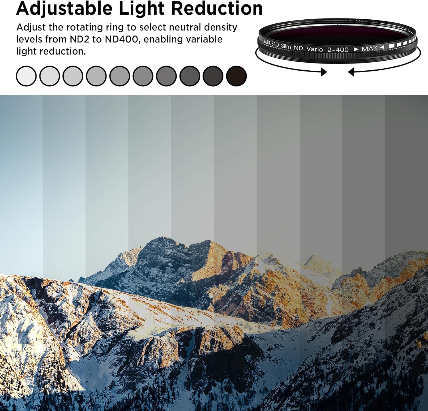 52mm Variable ND2-ND400 Filter with Upgraded Phone Clip, Neutral Density Filter Lens for iPhone 16/15/14/13 Pro Max Samsung Moto Google TCL, HD Double-Sided Multi-Coated Glass