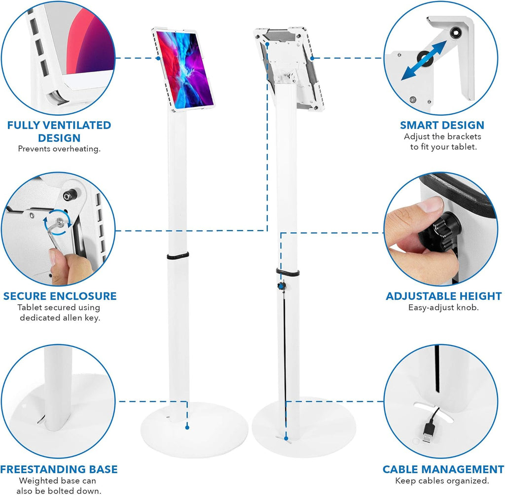 Mount-It! Universal Tablet Floor Kiosk | Theft-Deterrent Tablet Stand | Adjustable Kiosk Floor Mount for iPad, Galaxy & Surface Tablets (White)