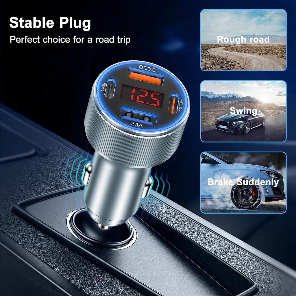 Car Charger USB C, Besgoods 65W 4-Port USB Cigarette Lighter Adapter with Voltmeter PD QC Fast Charging for iPhone 16 15 14 13 12 11 Galaxy S24 S23 A54 A15 Dash Cam Car Accessories, 2Pack