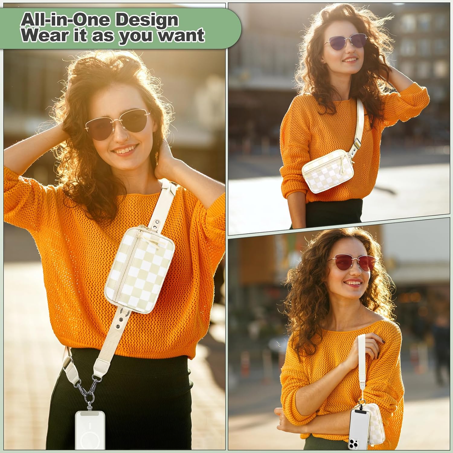 Clip and Go Strap for Phone with Wallet Crossbody, Adjustable Phone Lanyard with Detachable RFID Wristlet Wallet, Phone Strap with Phone Tabs for All Phones, Cream Checkered (M)