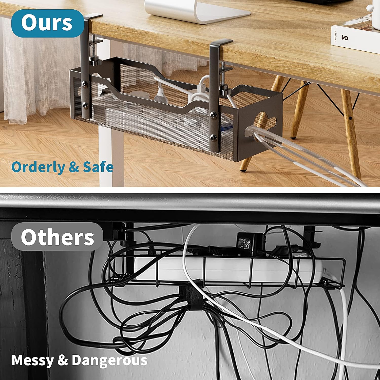 Litwaro Under Desk Cable Management Tray 2 Pack, No Drill, Organizer with Clamp Easy to Install for Standing Cord Organizer, Wire Damage Desk, Black, 13.38''-2 pack