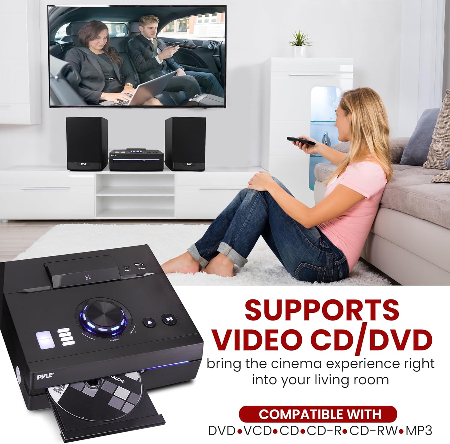 Pyle Home Stereo Shelf System - 100W Wireless BT Streaming with CD Player, FM Radio, USB & SD Card Playback, 2-Way Music Crisp-Sound, Remote Control, Dual Stereo Speakers (Black)