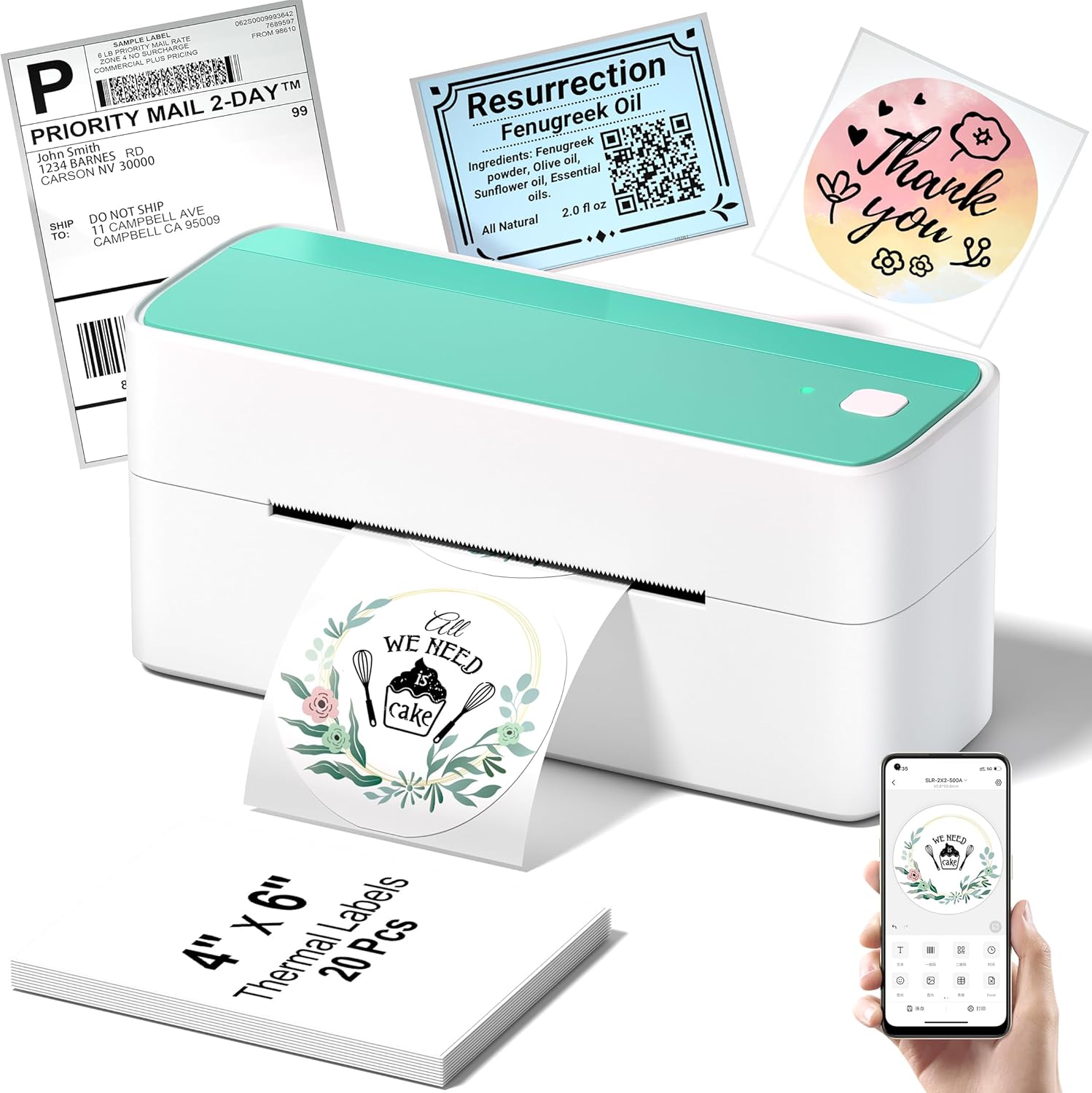 Phomemo Bluetooth Thermal Shipping Label Printer, 241BT Wireless Thermal Label Printer for Shipping Packages, Inkless Thermal Shipping Label Printer, Compatible with iPhone, Android, Green