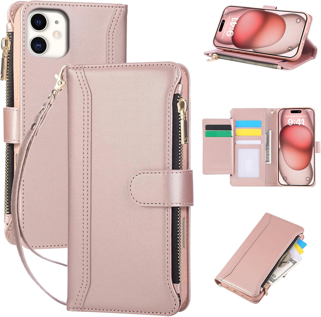 Compatible with iPhone 11 Wallet Phone Case-PU Leather Magnetic Flip Cover with Credit Card Slots,Zipper Pocket & Detachable Wrist Strap,Shockproof Design,for Women and Men-Pink