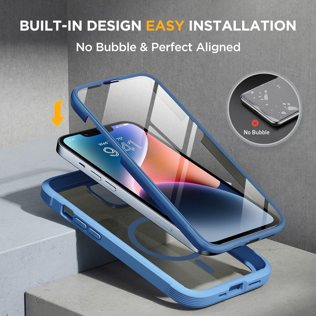 Miracase Magnetic for iPhone 14 Case 6.1", [Built-in Tempered Glass Screen Protector + Lens Protector] [Compatible with MagSafe] Full-Body Protective Bumper 14 Phone Cover, Blue