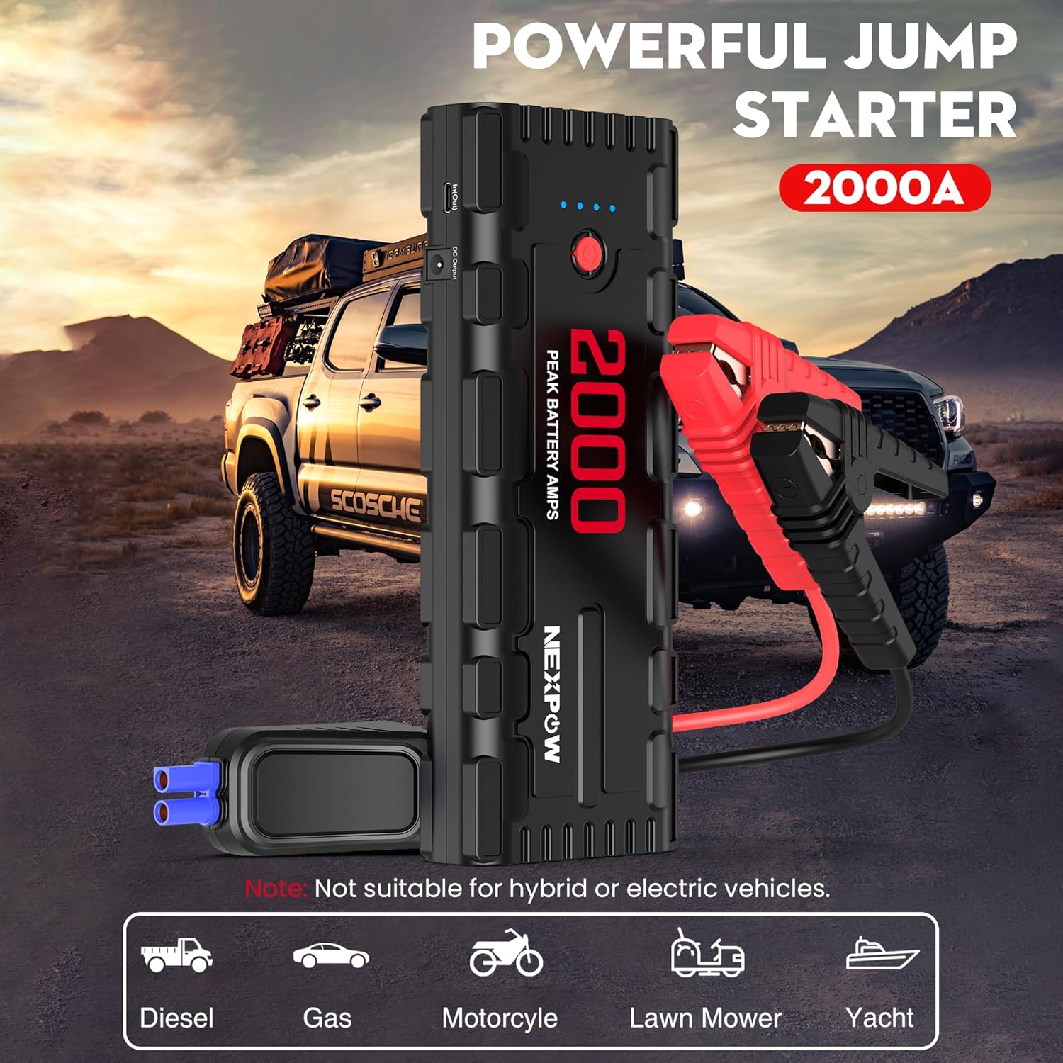 NEXPOW 2000A Peak Car Battery Jump Starter with USB Quick Charge 3.0 (Up to 7.0L Gas or 6.5L Diesel Engine), 12V Portable Jump Box, Battery Booster with Built-in LED Light, Jumper Cables