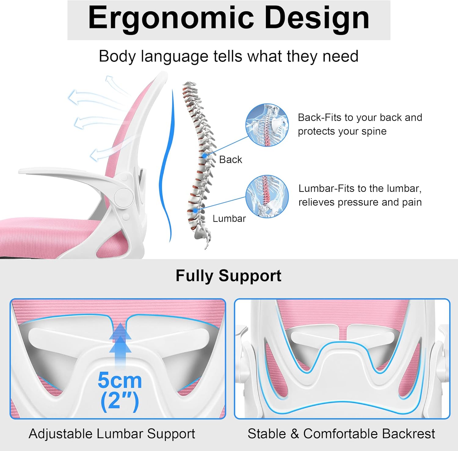 Primy Drafting Chair Tall Office Chair with Flip-up Armrests Executive Ergonomic Computer Standing Desk Chair with Lumbar Support and Adjustable Footrest Ring (Pink)