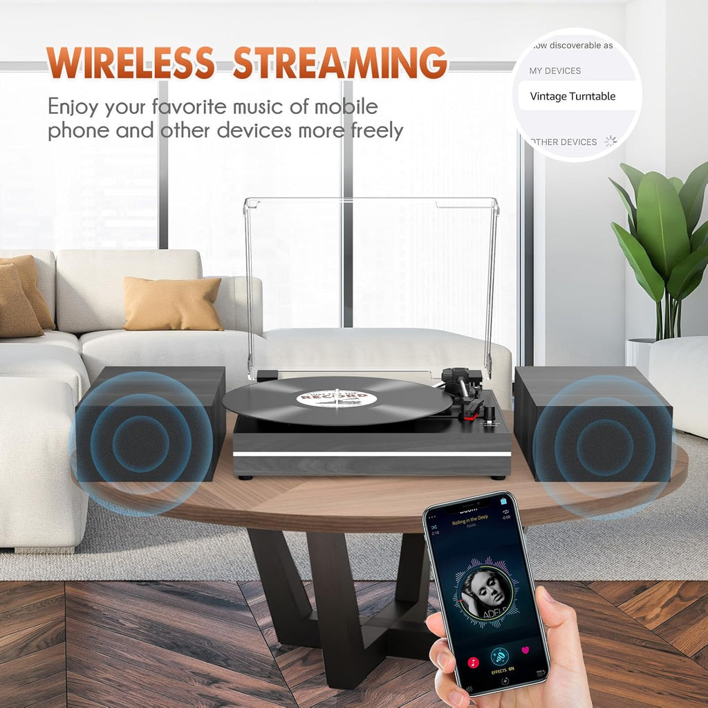 Vinyl Record Player with Dual Separate Stereo Speakers Vintage Turntable with BT Wireless Input Playback Belt Drive 3 Speed 3 Size Playback Record Player Support AUX Headphone Input RCA Out Auto Stop