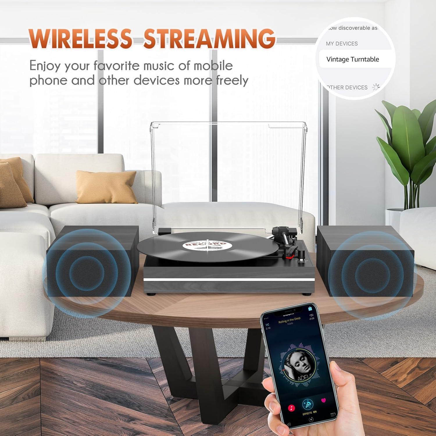 Vinyl Record Player with Dual Separate Stereo Speakers Vintage Turntable with BT Wireless Input Playback Belt Drive 3 Speed 3 Size Playback Record Player Support AUX Headphone Input RCA Out Auto Stop