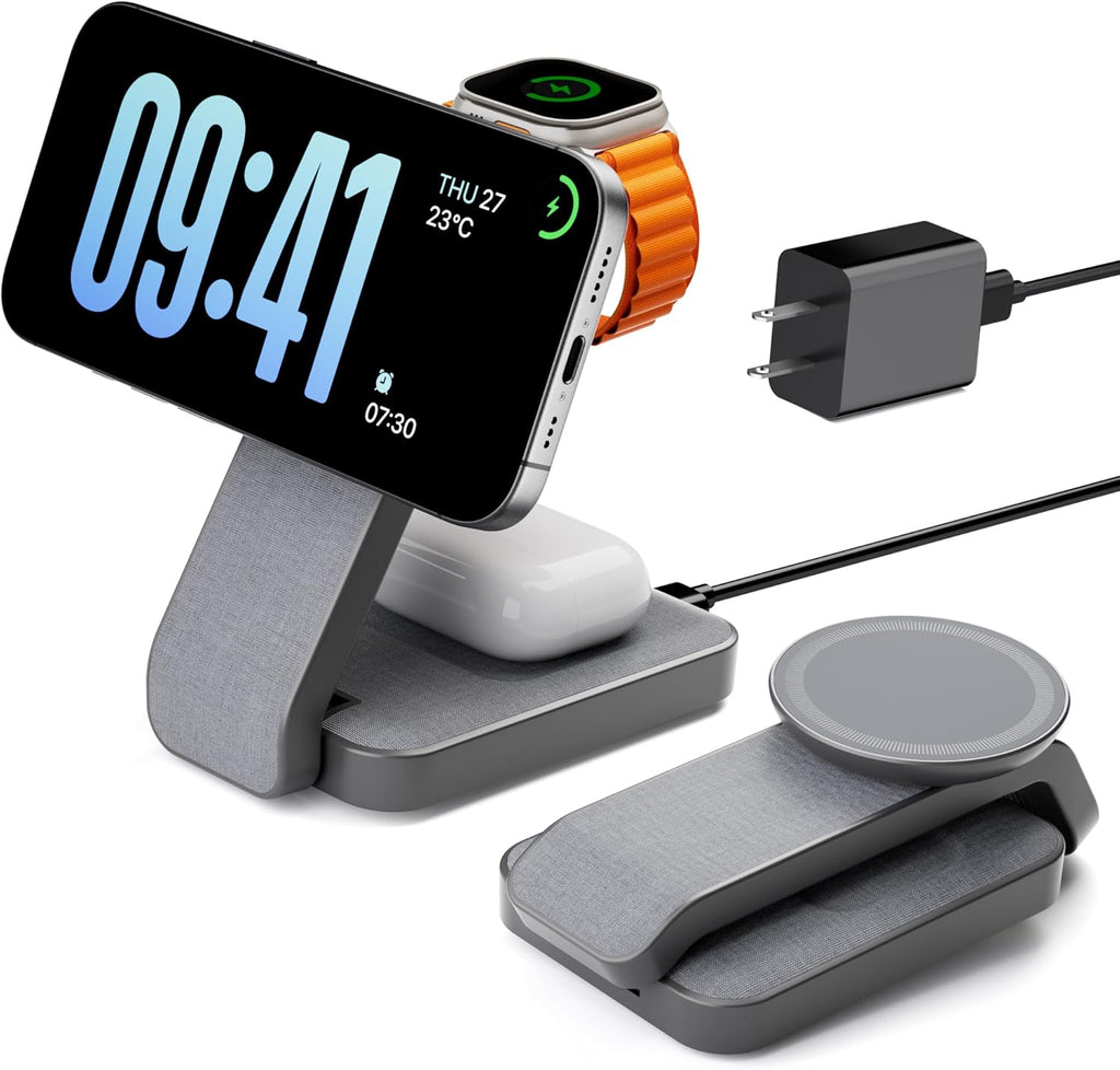 3 in 1 Foldable Wireless Charging Station for MagSafe, Nightstand Magnetic Charger Stand for iPhone 16 15 14 13 Pro Max, Travel Charging Dock with Night Light for Apple Watch/AirPods (Gray)