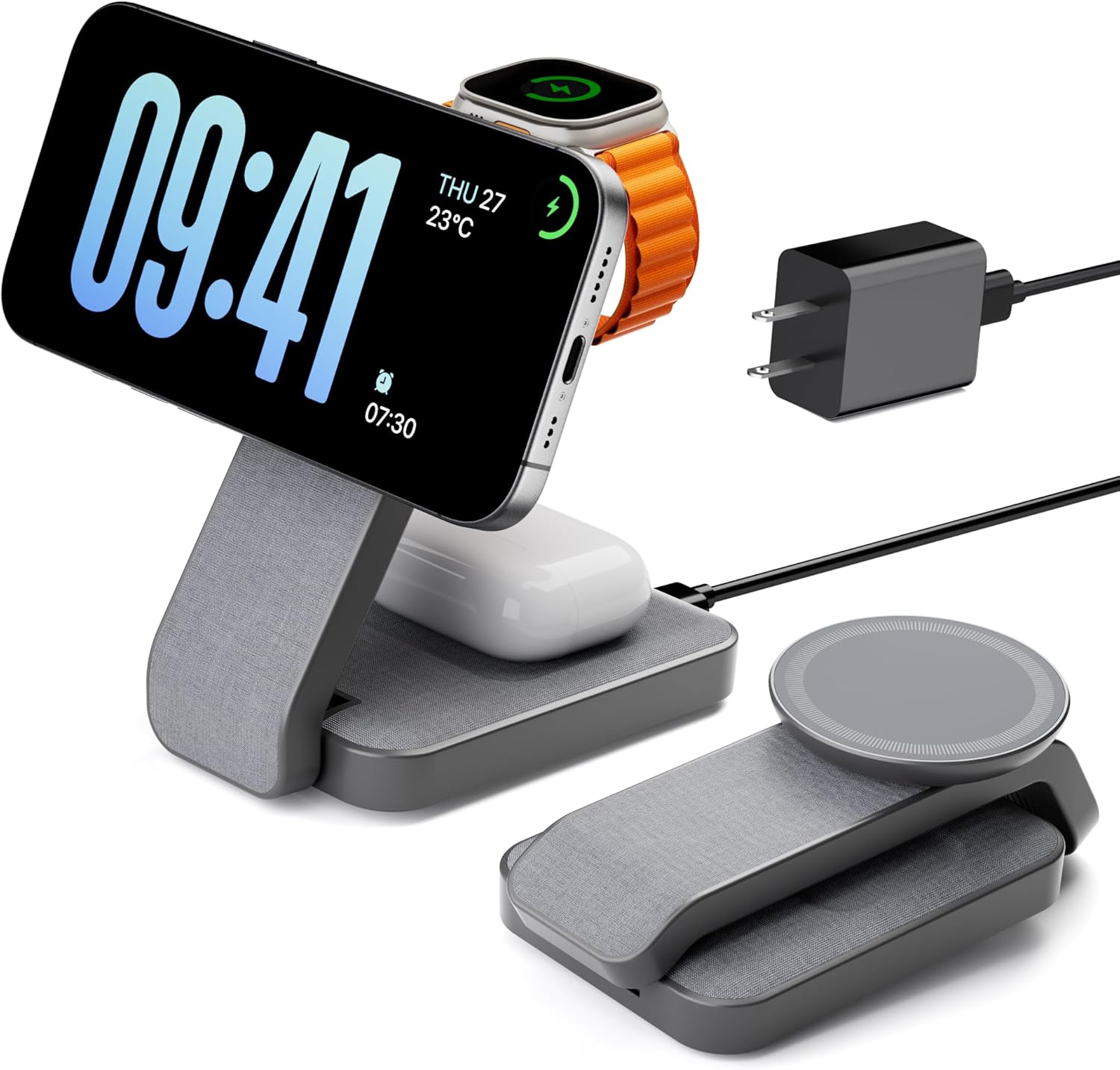 3 in 1 Foldable Wireless Charging Station for MagSafe, Nightstand Magnetic Charger Stand for iPhone 16 15 14 13 Pro Max, Travel Charging Dock with Night Light for Apple Watch/AirPods (Gray)