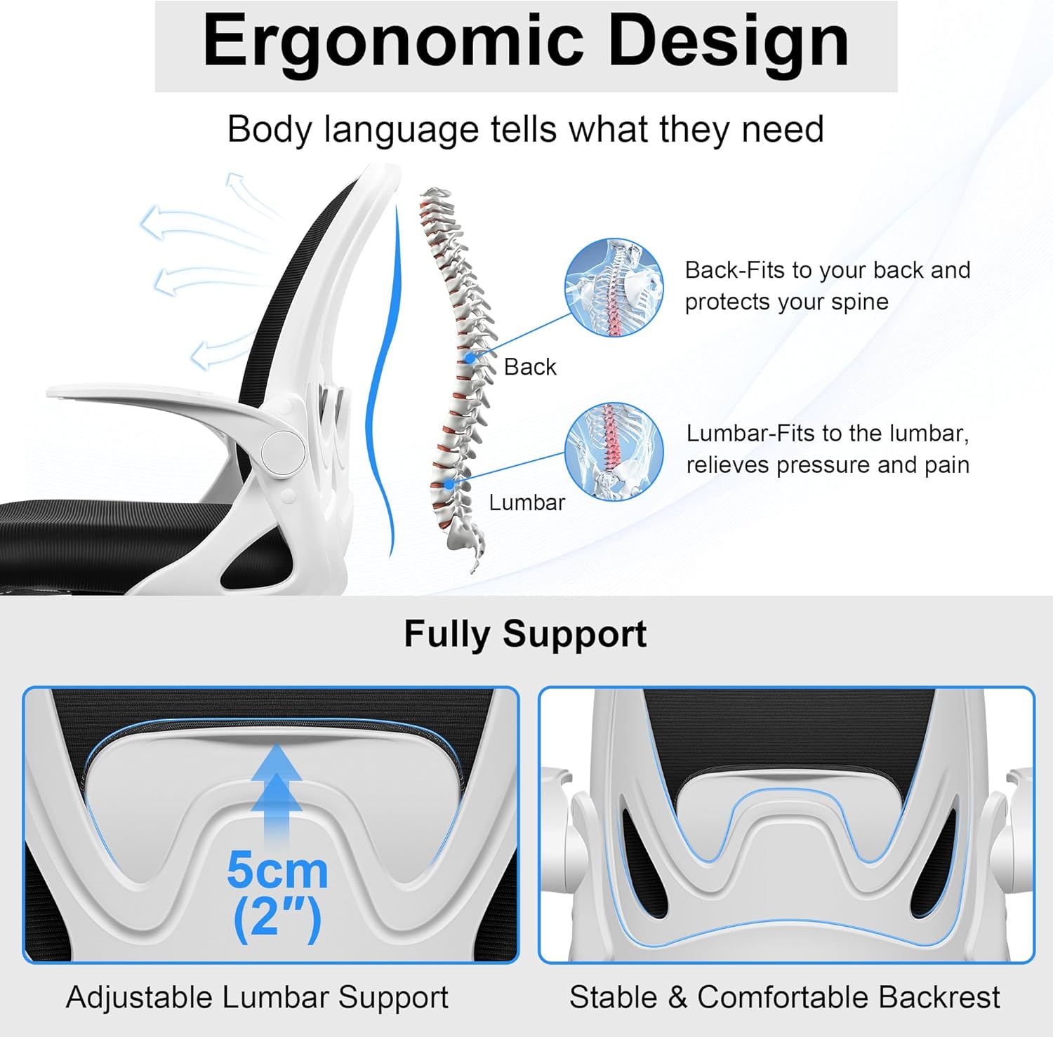 Drafting Chair Tall Office Chair with Flip-up Armrests, Adjustable Height, and Enhanced Lumbar Support - Ergonomic Rolling Stool, Back Support, and Adjustable Foot Rest Ring for Standing Desk White