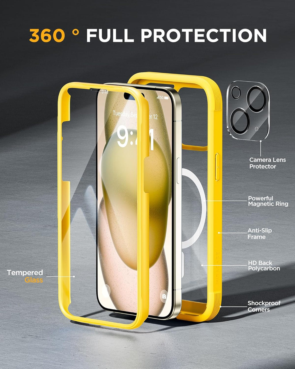 Miracase Magnetic for iPhone 15 Plus Case 6.7'' [Compatible with Magsafe] only for 15 Plus Phone Case Cover with Built-in 9H Tempered Glass Screen Protector,Magnetic Yellow