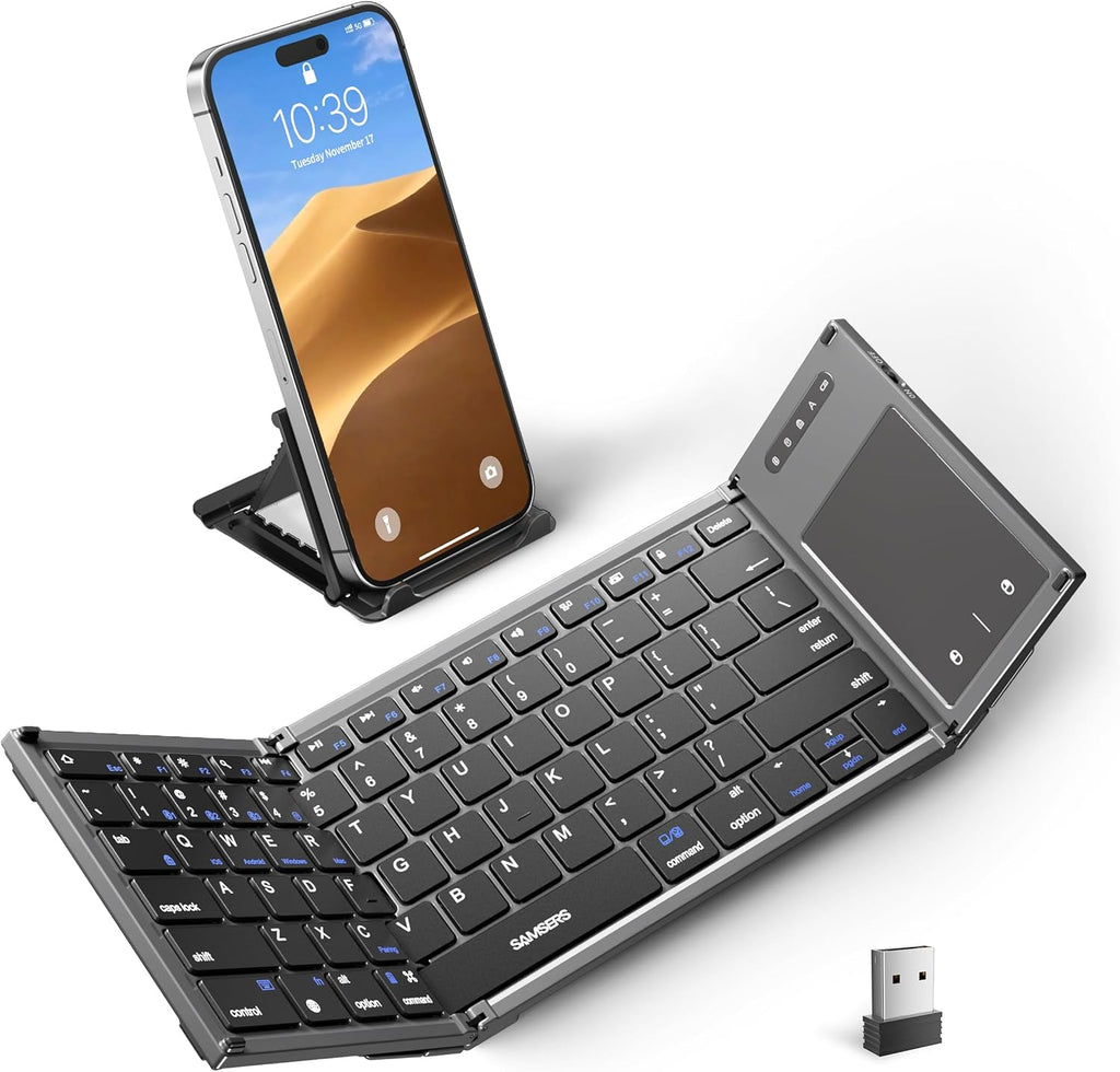 Samsers Foldable Bluetooth Keyboard with Touchpad, Full-Size Dual-Mode Wireless Folding, Rechargeable Portable Travel for iOS Android Windows Mac OS, Support 4 Device(BT5.1x3 + 2.4G)