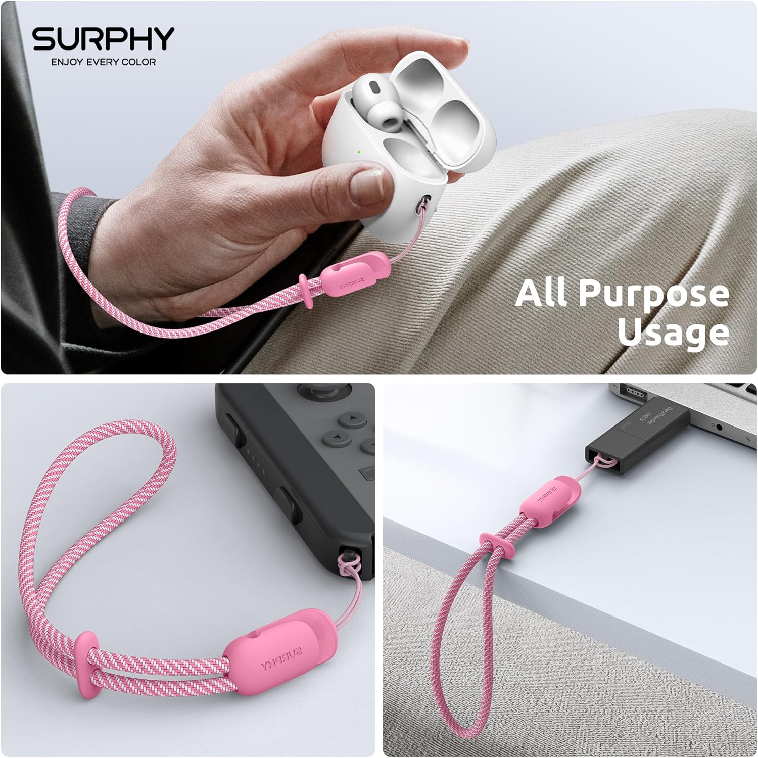 SURPHY 2 Pack Phone Lanyard for Cellphone Case, Phone Wrist Strap for Case, Cellphone Strap with 2-Color Braided, Charm Wrist Lanyard for Women and Men, Rose Pink & Gray